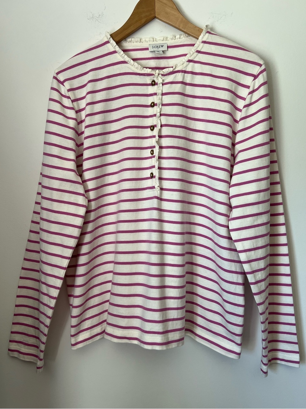J. Crew Pink & Ivory Striped Ruffle Collar Henley Top XL 100% Cotton Preppy Fall